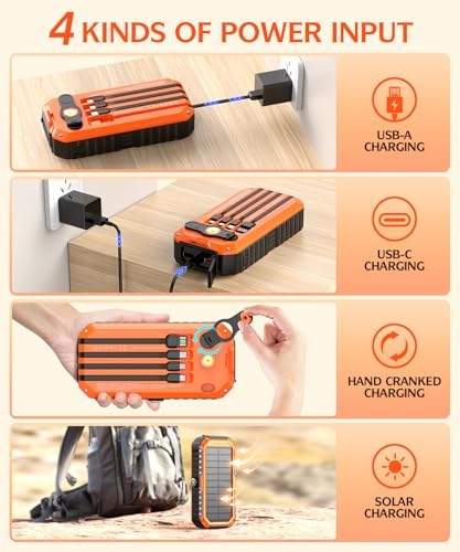 Ultimate 40000 m Ah Solar Power Bank with Hand Crank Generator – Versatile 22.5 W Fast Charger Featuring 6 Outputs, Built-in Cables, and Emergency Flashlight for Outdoor Enthusiasts – Reliable Charging Solution for Adventures and Blackouts