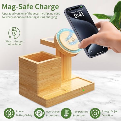 Eco-Friendly 4-in-1 Wireless Charging Dock with Pen Holder – Premium Bamboo Mag Safe Station for i Phone 12-16 Pro, Air Pods & Apple Watch – Fast Charging Solution for Home & Office, Perfect Gift for Tech Enthusiasts