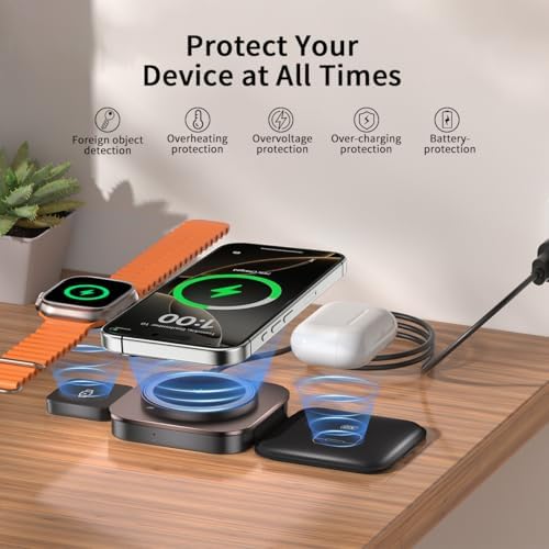 Revolutionary 3-in-1 Mag Safe Charging Station: Ultra-Fast 15 W Magnetic Wireless Charger for i Phone 16/15/14/13/12, Air Pods Pro/2/3/4, and All Apple Watch Series – Compact Foldable Travel Design for Effortless Device Powering and Enhanced Compatibility