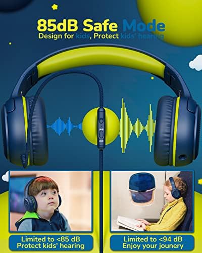 Premium Volume-Limiting Kids Wired Headphones with Microphone – Ultimate Hearing Protection at 85/94 d B – Foldable On-Ear Design for Effortless Travel – Perfect for Learning, Gaming, and Entertainment – Universal 3.5 mm Compatibility for All Devices