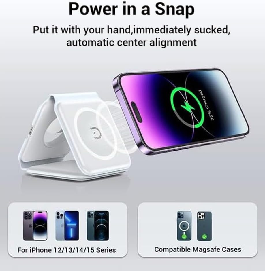 Watashiqi 3-in-1 Magnetic Travel Wireless Charging Station – Fast Charging Convenience for i Phone 16/15/14/13/Pro/Max, Apple Watch, Air Pods & Samsung Galaxy – Enhanced Ga N Technology for Rapid Power Delivery, Compact & Portable Design for On-the-Go Use