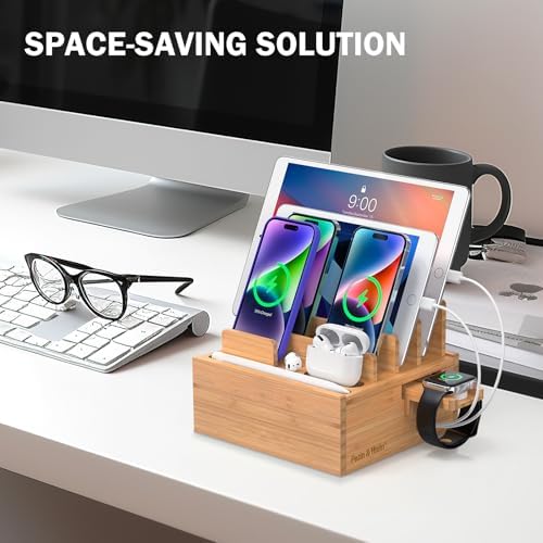 Sleek Bamboo Multi-Device Charging Station with 5 USB Ports, Integrated Smart Watch Stand & 5 Charging Cables – Ultimate Desktop Organizer for Cell Phones, Tablets & Smartwatches – Eco-Friendly Design for Fast Charging & Clutter-Free Spaces