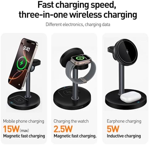 APSARAS 3-in-1 Wireless Charging Station for i Phone 16/15/14/13/12, Air Pods & Apple Watch Series S11 – Stylish Mag Safe Compatible Dock with Enhanced Speed and Safety Features for Clutter-Free Charging Solutions