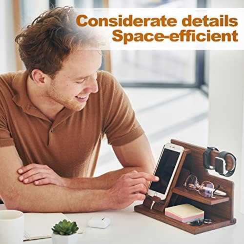 TESLYAR Wood Phone Docking Station for Men – Desktop or Nightstand Organizer – Birthday Gifts for Men, Dad – Anniversary Idea from Wife – Key Holder, Stand Wallet, Watch & Essentials (Antique Brown) – Enhanced Compatibility and Speed