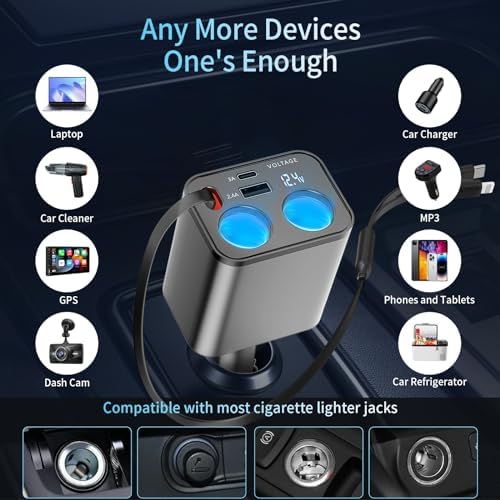 Paiholy Advanced 5-in-1 Retractable Car Charger with Dual USB Ports and Dual Cigarette Lighter Outlets – 159 W Fast Charging Solution for i Phone and All Car Electronics – Clutter-Free Design for Ultimate Travel Convenience