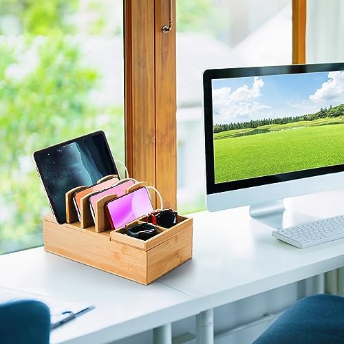 Sustainable Bamboo Multi-Device Charging Hub – Elegant Organizer for Smartphones, Tablets, Laptops & Smartwatches – Rapid Charging Solution for a Neat Workspace with Superior Compatibility and Contemporary Design