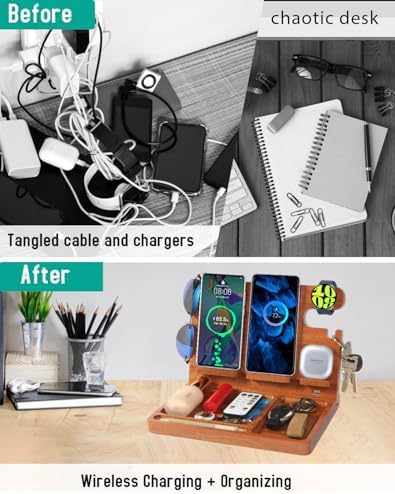 Premium Wood Desk Organizer with 4-in-1 Wireless Charging Station for Samsung Devices – 27 W Fast Charger for Dual Phones, Galaxy Watch Series, and TWS Accessories – Perfect Gift for Men and Dads Seeking Elegance and Efficiency