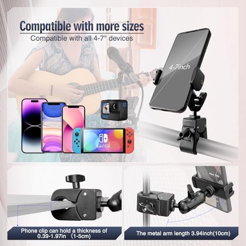 Versatile Adjustable Clip Phone Holder for Desk and Gym – Universal Mount for 4-7” Smartphones with Durable Aluminium Arm for Enhanced Convenience and Productivity – Perfect for Treadmills, Mic Stands, and Home Offices