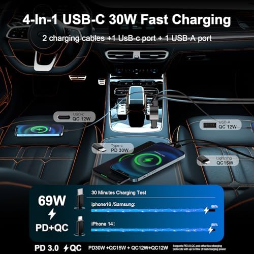 Leinsis 4-in-1 65 W Retractable Car Charger with USB-C & Lightning Ports – Ultimate Multi-Device Charging Solution for i Phone 16/15/14/13/12/11, Galaxy & Pixel – Compact, High-Speed, Tangle-Free Convenience for On-the-Go Power