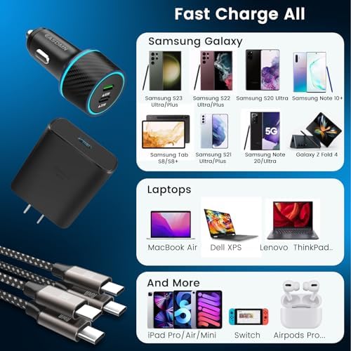 Dual 45 W USB-C Fast Charger Pack with 10 FT & 6.6 FT Type C Cables – Ultimate Compatibility for Galaxy S24 Ultra/S23/S22/Note 10+/Tab S9 – Super Speed PPS Technology for Efficient Home & Car Charging