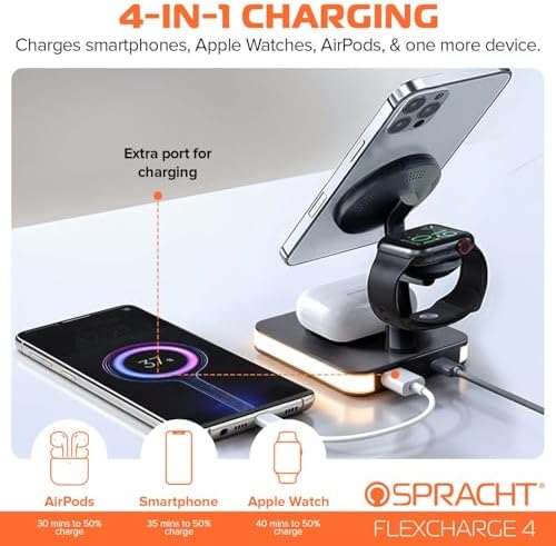 Spracht Flex Charge 4: Advanced 4-in-1 Wireless Charging Station with 25 W Fast Charging, Magnetic Dock for Smartphones, Smartwatches & Earbuds | Qi-Compatible Multi-Device Charger with Built-in Nightlight for Enhanced Convenience and Style