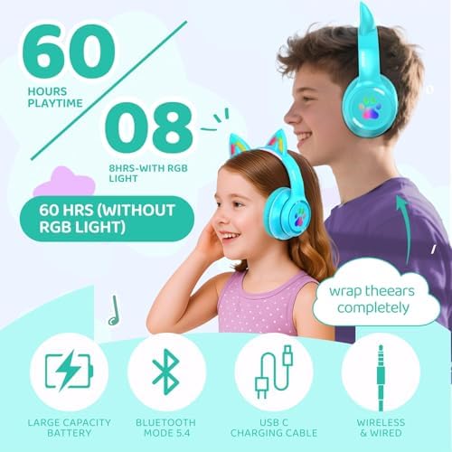MIDOLA Cat Ear Bluetooth 5.3 Wireless Headphones for Kids – 60-Hour Playtime, Fun LED Illumination, Travel-Friendly Foldable Design with Integrated Microphone – Ideal for Music, Gaming, and Movies on the Move in Stylish Blue