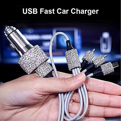 Chic Rhinestone Dual USB Car Charger & 3-in-1 Braided Charging Cable Set – Stylish Bling Accessories for Fast Charging & Enhanced Compatibility – Perfect for Women’s Vehicles in Silver