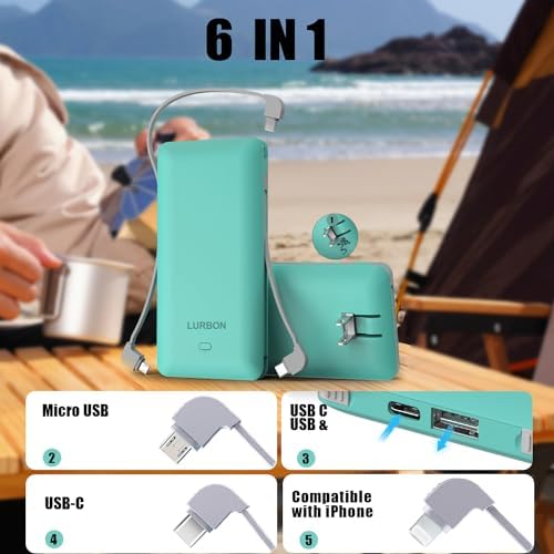 Compact 10000 m Ah Portable Charger with Built-In Cables and AC Wall Plug – Essential USB-C Power Bank for i Phones, Samsung Devices, and Tablets in Vibrant Green – Ultimate Travel Companion for Fast Charging and Universal Compatibility