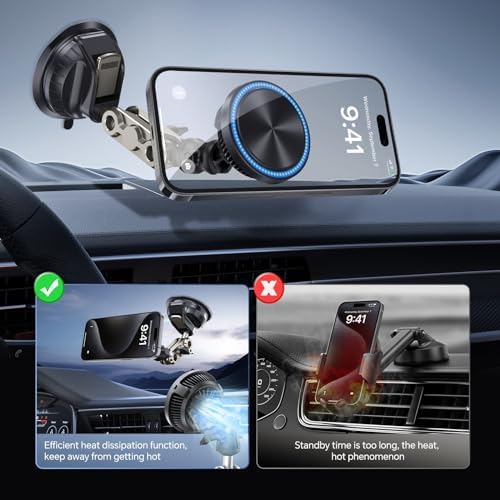 15 W Magnetic Wireless Car Charger Mount – Mag Safe-Compatible Phone Holder with 360° Adjustable Suction Cup & Sturdy Aluminum Alloy Arm for i Phone 16 Pro Max, 15, 14, 13, 12 – Quick Charge & Secure Magnetic Grip for Effortless Hands-Free Driving Experience