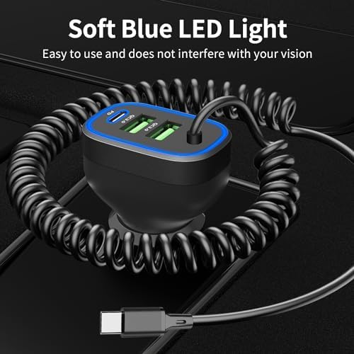 Ultra-Fast 72 W 4-Port USB-C Car Charger with 5 ft Coiled Cable for i Phone 16/15 Pro Max, Samsung Galaxy S25/S24/S23, and Pixel 9 Pro – Multi-Device Compatibility and Rapid Charging for On-the-Go Power Needs