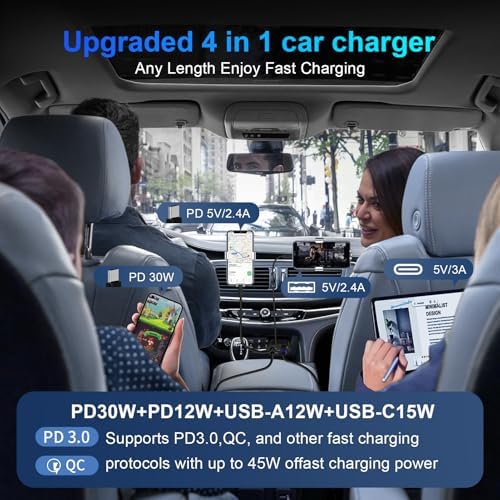 Ultimate 4-in-1 Retractable Car Charger for i Phone 16 e and Samsung Galaxy S Series – 45 W USB-C Fast Charging Adapter with Tangle-Free Design for Seamless Device Compatibility on the Go