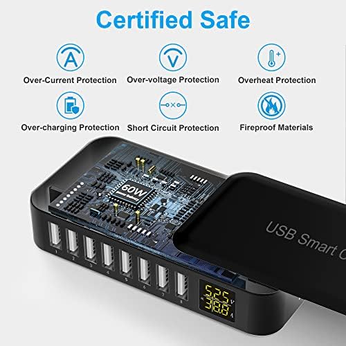 Ziwodiv 8-Port USB Charging Hub – 60 W Multi-Device Power Station with LED Status Indicator for i Phone, i Pad, Samsung & Android – Compact and Efficient Desktop Charger with Advanced Safety Features for Home and Office Use