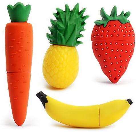 LEIZHAN 16 GB Fruit-Shaped USB Flash Drive Set – Adorable Pineapple, Carrot, Banana, and Strawberry Designs for Fun Data Storage – Perfect Gift for Students and Professionals – 64 GB Total Capacity with Enhanced USB 2.0 Compatibility – Lightweight and Durable Memory Sticks for Easy File Transfer and Backup