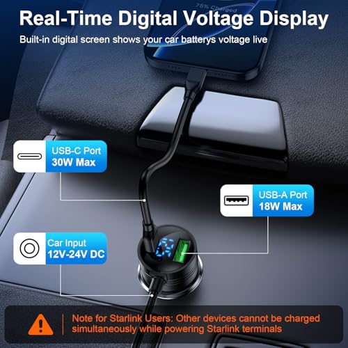 Starlink Mini Cable 10 FT – Versatile 3-in-1 Car Charger with Cigarette Lighter Adapter and Dual USB Ports for Rapid Charging – 12 V-48 V Compatibility, Digital Voltage Display for Enhanced Vehicle Performance and Device Connectivity