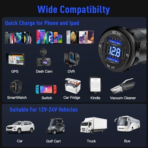 High-Performance 4-Port 12 V USB Car Charger with Dual PD & QC Technology – 78 W Aluminum Multi-Port Charger with Integrated Voltmeter for Marine, Motorcycle & Vehicle Charging – Ultimate Fast Charging Solution for Multiple Devices