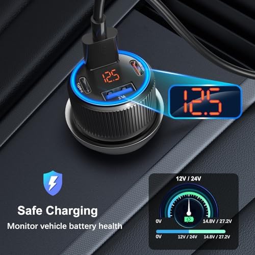 High-Speed USB C Car Charger 3-Pack – 65 W Dual Port QC+PD 3.0 Fast Charging Adapter with Voltmeter for i Phone 16-12, i Pad Pro Max & Android Devices – Reliable Multi-Port Cigarette Lighter Charger in Sleek Black/Gray Design