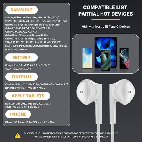 USB C Headphones – Type C Earbuds for i Phone 15/16 Pro Max and Samsung Galaxy S25 – Noise Isolation Stereo Wired Earphones with Built-in Microphone for Enhanced Audio Quality and Comfort – Perfect for Music Lovers and Podcast Enthusiasts – Ergonomic Design for Long-lasting Wear – Compatible with Android and i OS Devices
