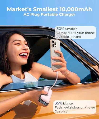 Ultimate 10,000 m Ah Portable Charger with Built-in USB-C Cable & Plug – Fast 22.5 W Power Bank for Seamless Charging of i Phone 16/15, Samsung Galaxy & i Pad – Compact Travel Essential with Triple Output Ports for Maximum Device Compatibility