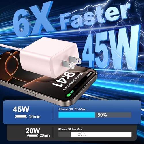 45 W USB-C Super Fast Charger for i Phone 16 & Galaxy Devices – Includes 6.6 FT Type-C Cable for Flexible Power Solutions – Compact & Portable Design for On-the-Go Charging – Advanced Safety Features for Device Protection – Ideal for Rapid Power Demands and Enhanced Device Longevity