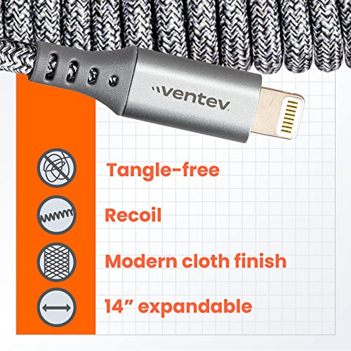 Ventev Helix 14-Inch Expandable i Phone Charging Cable | Tangle-Free Coiled USB-A to Lightning Cord | MFi Certified Fast Charger for Seamless Car Use | Durable Gray Design for Enhanced Compatibility and Efficiency