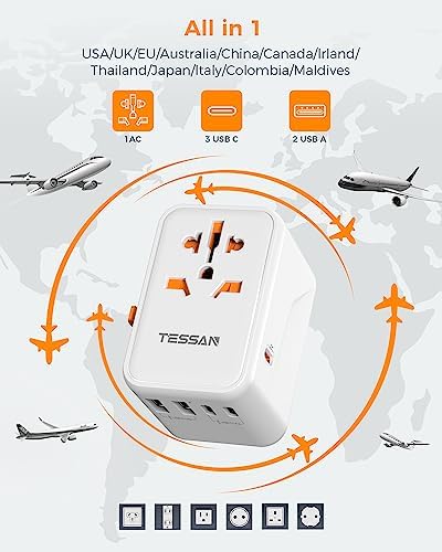 TESSAN 100 W Ga N Travel Adapter with 5 USB Ports – Universal Power Converter for Global Charging in 200+ Countries, Fast Charging Solution for Laptops, Smartphones & Tablets – Compact & Lightweight Design for Effortless Portability