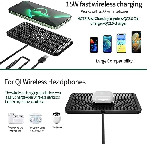 LOOSAU 15 W Fast Wireless Car Charger Pad – Non-Slip Charging Solution for i Phone 11-16 Pro Max, Samsung Galaxy S20/S10+/Note 9, and LG Devices – Effortless Power-Up with Intelligent Safety Features and Universal Mounting for All Vehicles