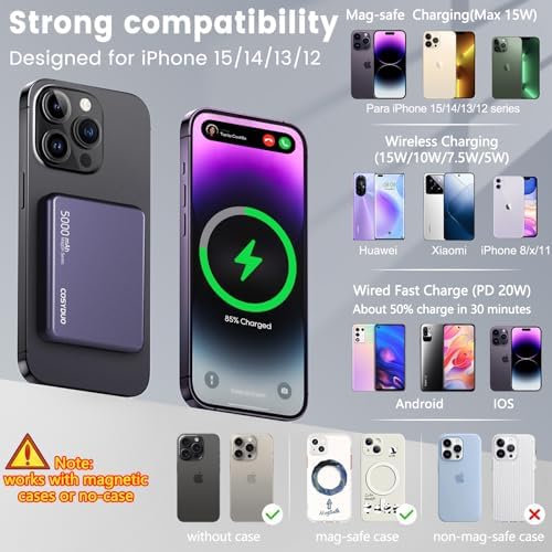 Pocket-Sized 5000 m Ah Magnetic Wireless Charger – Ultra-Slim Power Bank with PD 20 W Fast Charging for i Phone 16/15/14/13 | Essential Travel Accessory with USB-C Compatibility for On-the-Go Power Solutions