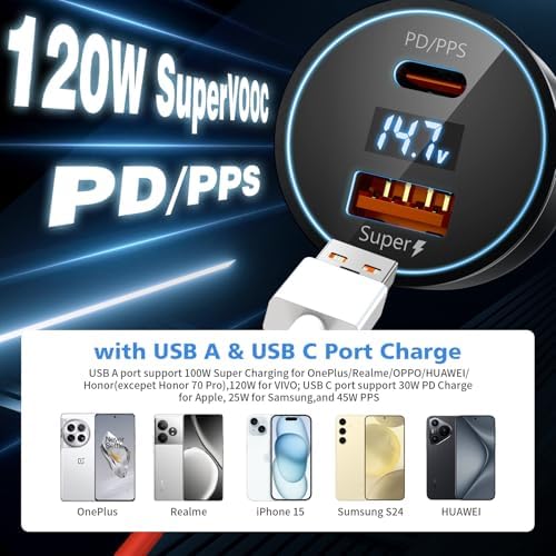 High-Performance Car Charger for One Plus Devices – Super VOOC 120 W & 100 W Fast Charging Adapter with 65 W Warp Charger, USB-C Compatibility, 3.3 FT Cable, LED Display for Real-Time Monitoring – Perfect for One Plus 13, 12, Nord Series & More