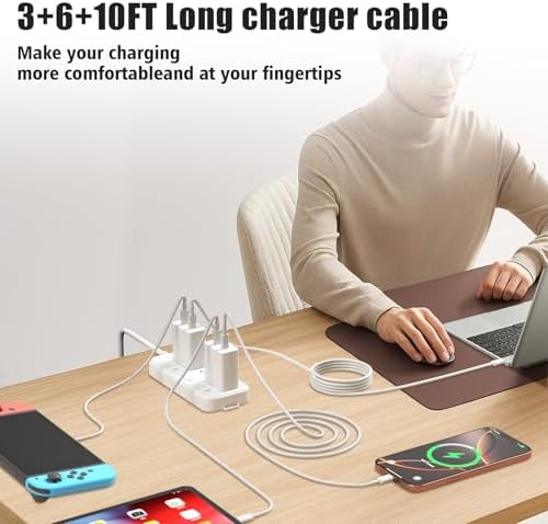 20 W USB-C Fast Charging Wall Charger for i Phone 15/16 & i Pad – Includes 3 Versatile USB-C to C Cables (3 ft, 6 ft, 10 ft) – Ultimate Compatibility with i Phone 15 Pro Max, i Pad Pro, and Samsung Devices – Compact Travel-Friendly Design with Enhanced Safety Features Against Overheating & Overcharging