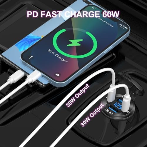 High-Performance 4-Port 12 V USB Outlet Charger – Sleek Aluminum Design with 78 W Dual PD & QC Fast Charging for Cars, Boats, Motorcycles, & RVs – Waterproof Cigarette Lighter Socket with Built-in Voltmeter for Enhanced Durability & Compatibility