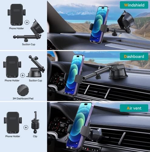 Military-Grade Suction Car Phone Holder – 3-in-1 Versatile Mount for Dashboard, Windshield & Air Vent – Universal Fit for i Phone & Android – Enhanced Stability with 360-Degree Rotation for Safe Navigation & Hands-Free Use