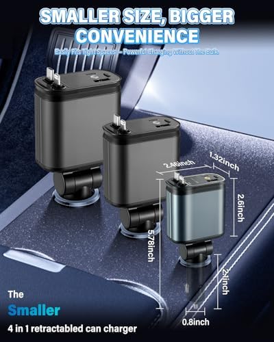 Liv Tee Starlight 66 W 4-in-1 Retractable Car Charger – Fast Charge for i Phone & Android with Dual USB Ports, Tangle-Free Cable Storage, Sleek Dark Grey Design, Premium Car Accessory for Efficient On-the-Go Power