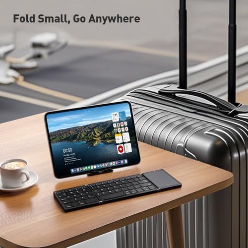 Ultra-Slim Foldable Bluetooth Keyboard with Touchpad – Portable Wireless Keyboard for Travel, Multi-Device Compatibility with Android, Windows, i OS – Lightweight Pocket-Sized Design with Built-in Stand for Effortless Typing on the Go