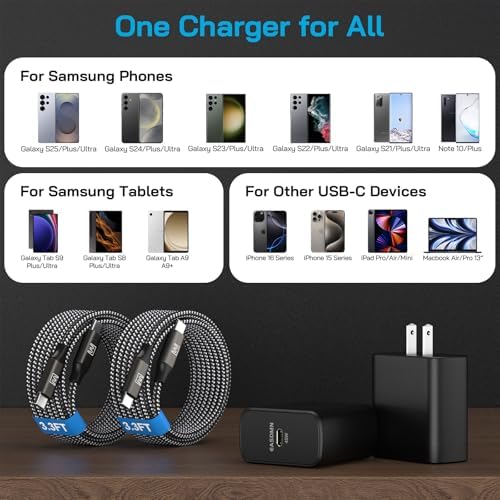 Dual-Pack 45 W Super Fast USB-C Charger with 6.6 ft Cables – Optimized PD/PPS Wall Charging Block for Samsung Galaxy S25/S24/S23 Ultra and Tab S8 – High-Efficiency Charging Solution for Home and Office Use