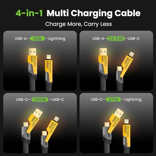 Ultimate 4-in-1 Fast-Charging Cable by GEARit – 100 W USB-C, USB-A & Lightning Connectors for Seamless Multi-Device Charging – 4.6 Feet Tangle-Free Flat Design for Enhanced Portability – Compatible with i Phone, Mac Book Pro, Tablets & More – Elevate Your Power Experience with Superior Durability and Efficiency