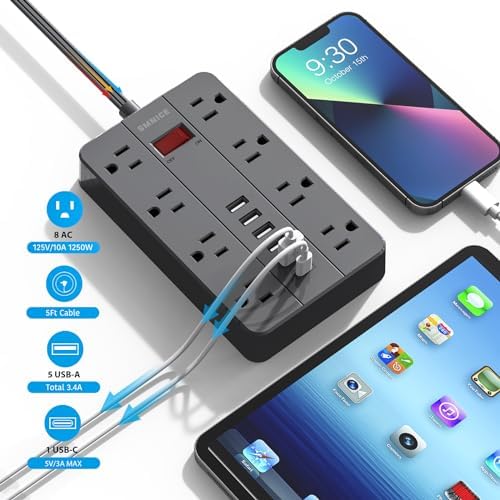 Ultimate Power Strip Surge Protector with USB-C – 8 Spacious Outlets & 6 Fast-Charging USB Ports – 5 ft Wall-Mountable Extension Cord for Phones, Tablets, Laptops, and Multiple Devices – Enhanced Safety & Efficiency for Home and Office Use
