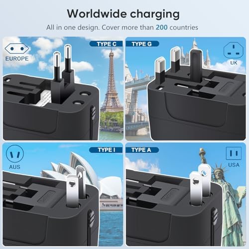 Global Travel Power Adapter with Dual USB-C & USB-A Ports – Compact & Efficient Universal Charger for USA, EU, UK & AUS – Reliable Fast Charging Solution for Tech-Savvy Travelers in Sleek Black Finish