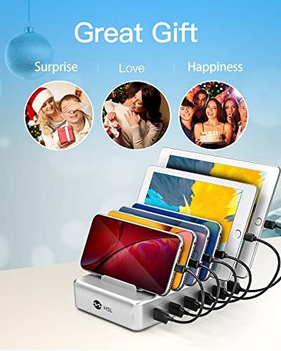 Revolutionize Your Charging Routine with the 6-Port Ultra-Fast Charging Station for i Phones, Android Devices, and Tablets – All-in-One Docking Solution Featuring Six Versatile Cables and UL Certification for Safety – Ideal for Home and Office Efficiency