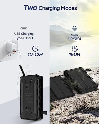20000 m Ah Solar Power Bank: Ultimate Waterproof Portable Charger with Dual 3 A Fast Charging Outputs, 4 Efficient Solar Panels, and Built-in Flashlights for Outdoor Adventures, Camping, and On-the-Go Device Charging – Black Edition