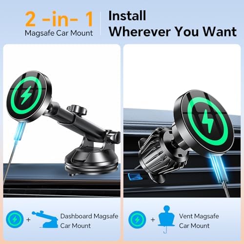 Revolutionary Coolpow Mag Safe Wireless Car Charger & Magnetic Phone Holder for i Phone 16 Pro Max, 15, 14, 13 – Versatile Dashboard, Windshield, & Vent Mount Options with Rapid Charging for Enhanced Driving Safety & Hands-Free Convenience