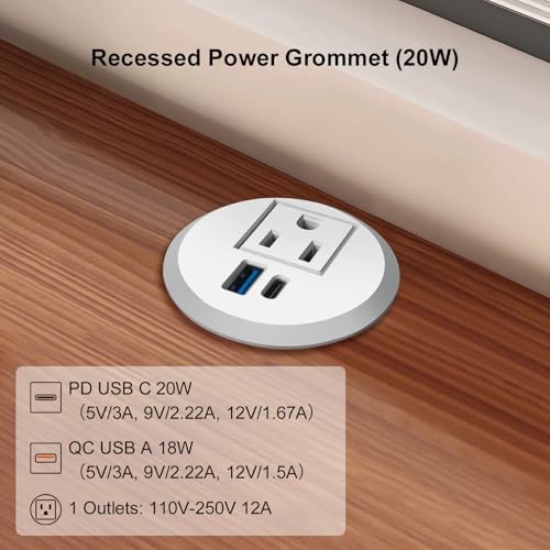 Revolutionize Your Workspace with 2-Inch Desktop Power Grommet – Fast-Charging 20 W USB-C Outlet, 6.5 FT Extension Cord, 45° Flat Plug, ETL Listed for Ultimate Safety and Compatibility – Ideal Recessed Desk Solution for Conference Rooms and Nightstands