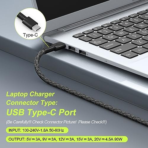 Universal 90 W USB-C Laptop Charger for Dell XPS & Latitude Series – High-Speed AC Adapter with Enhanced Compatibility for Multiple Models, Durable Nylon Braided Design, and Comprehensive Safety Features – Ideal Replacement for TDK33, LA90, PM170, and More – Versatile Power Supply for Efficient Charging of Dell Chromebooks and HP Elitebook x360