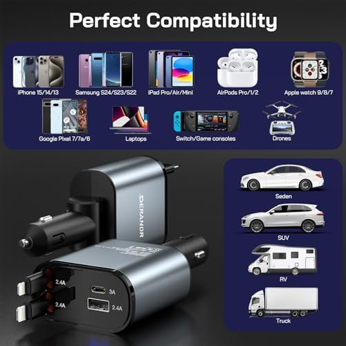 Dual-Output 69 W Retractable Car Charger Set – 4-in-1 Fast Charging Adapter with Type C and Lightning Cables for i Phone 12-16 & Samsung S23/S24 – Compact Design for Seamless Multi-Device Power on the Go