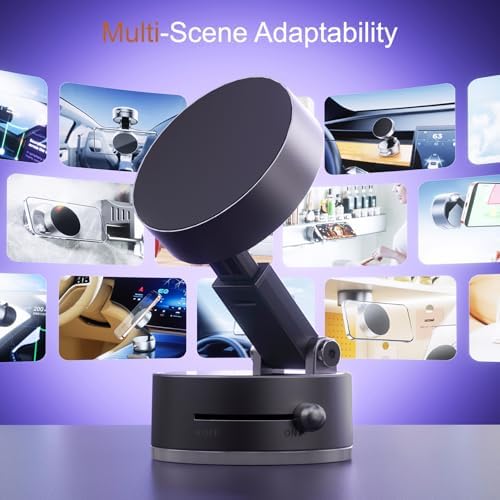360° Rotation Vacuum Suction Phone Holder Stand for Magsafe, Foldable Magnetic Phone Holders for Your Car, Adjustable Suction Cup Phone Mount for iPhone 16/15/14/13/12, Black – Enhanced Compatibility and Speed